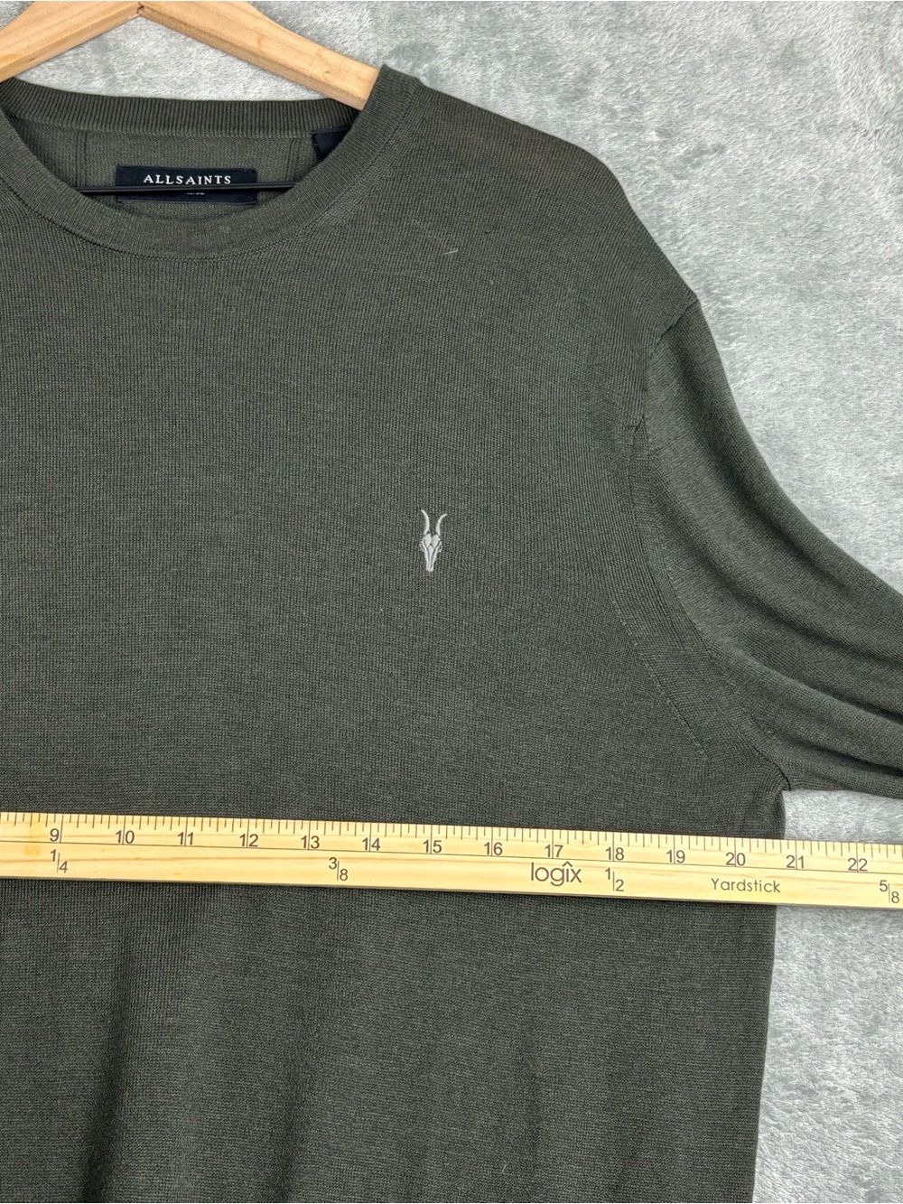 AllSaints Sweater Mens XL Green Nomo Crew Wool Blend Pullover Logo Tight Knit - Picture 14 of 16